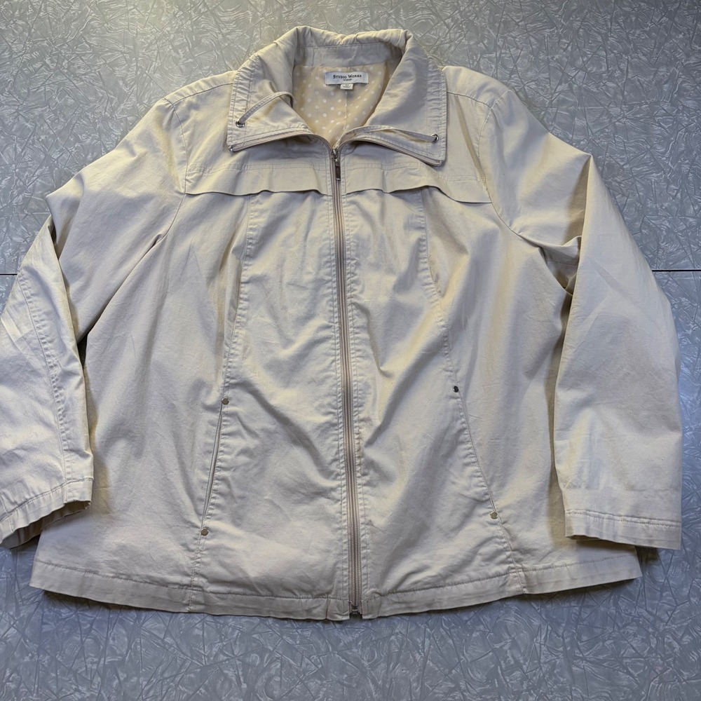 Studio Works Woman Beige Zip Front Jacket Polka Dot Lining Tan 2X